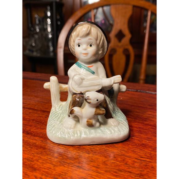VTG 50s German Porcelain Figurine Boy w stringed instrument & squirrel 3 in tall - Picture 2 of 10